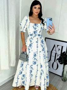 Vestido Longo Com Mangas Bufantes